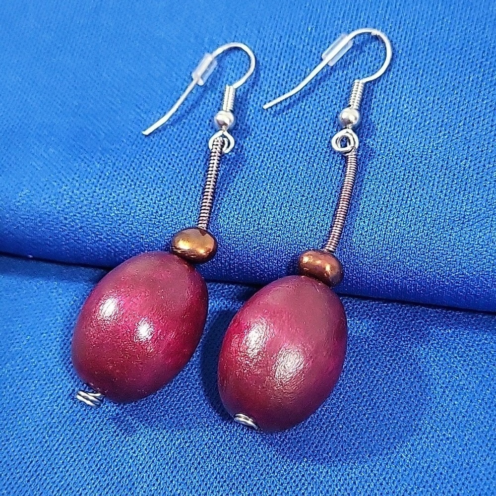 Beaded Boho Earrings Merlot Red Wooden Long Drop‎ Dangle Hooks